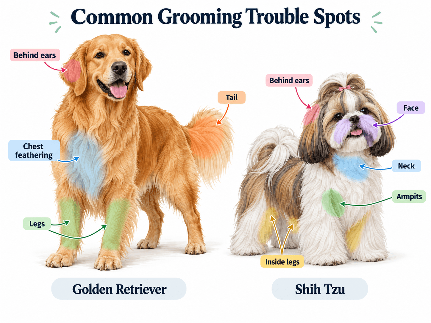 Diagram of common grooming trouble spots: ears, chest, legs and tail on a Golden Retriever; face, neck, armpits and inner legs on a Shih Tzu