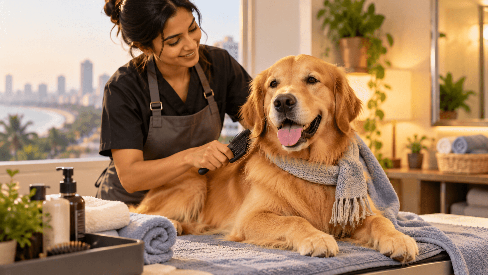 Dog receiving a gentle bath and professional grooming at an indoor pet grooming salon in Mumbai.